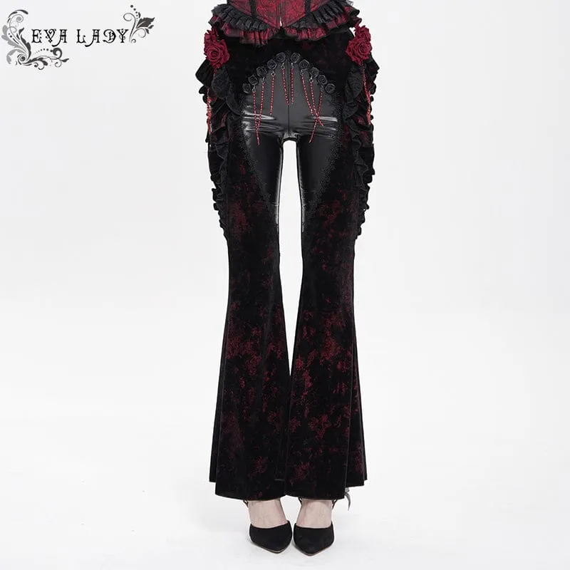 Gothic Floral Kunstleder & Samt Rüschenhose für Damen Rot