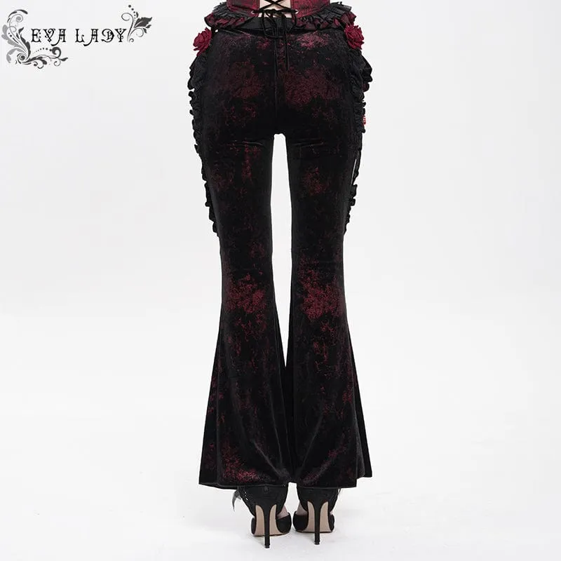 Gothic Floral Kunstleder & Samt Rüschenhose für Damen Rot