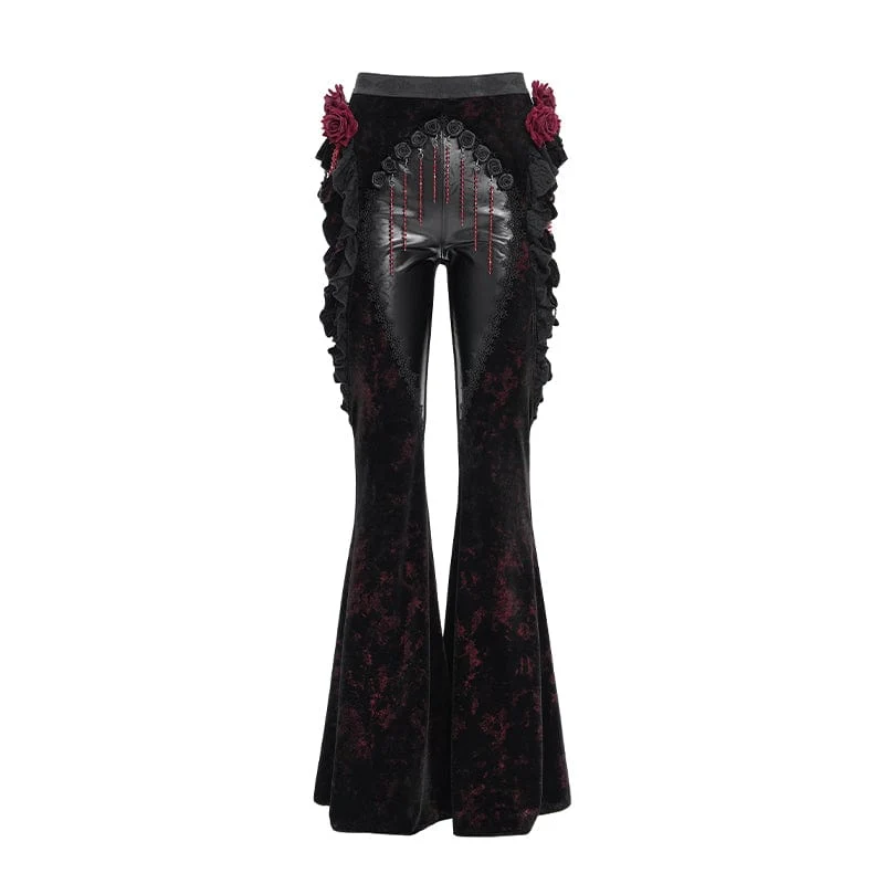 Gothic Floral Kunstleder & Samt Rüschenhose für Damen Rot