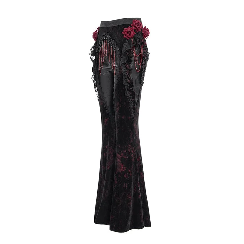 Gothic Floral Kunstleder & Samt Rüschenhose für Damen Rot