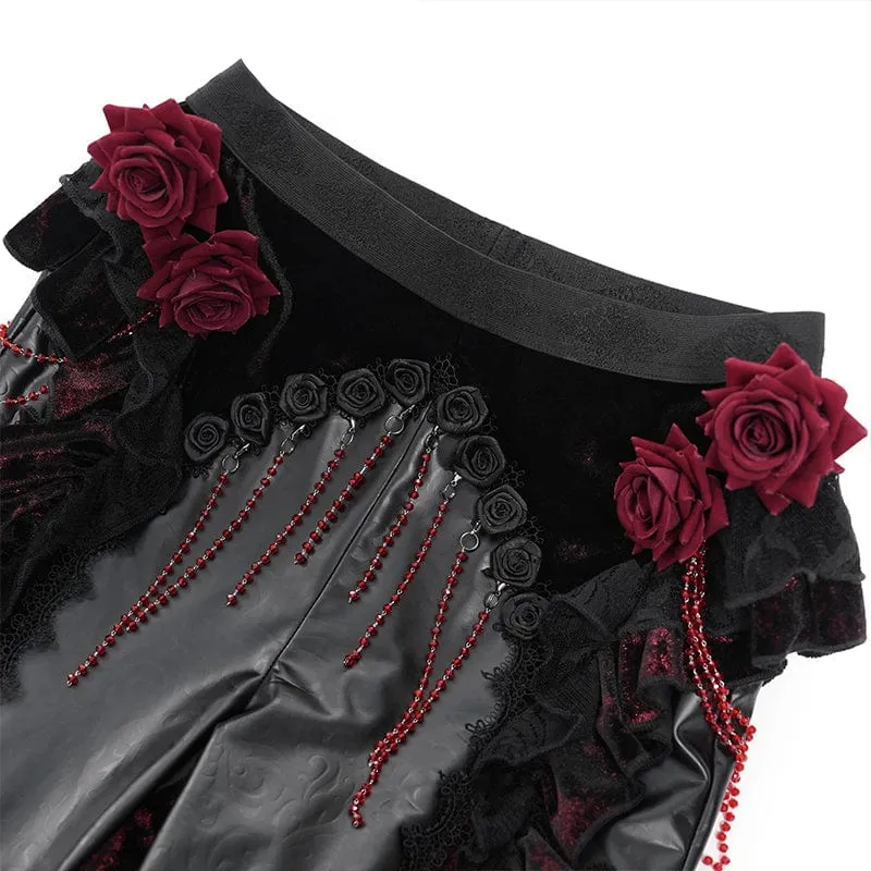 Gothic Floral Kunstleder & Samt Rüschenhose für Damen Rot