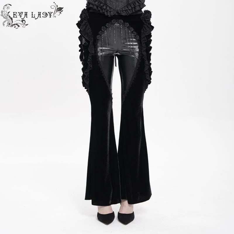 Gothic Floral Kunstleder & Samt Rüschenhose für Damen Schwarz
