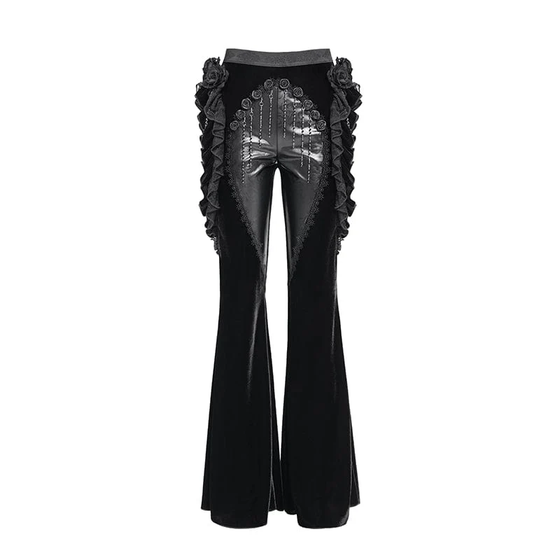 Gothic Floral Kunstleder & Samt Rüschenhose für Damen Schwarz
