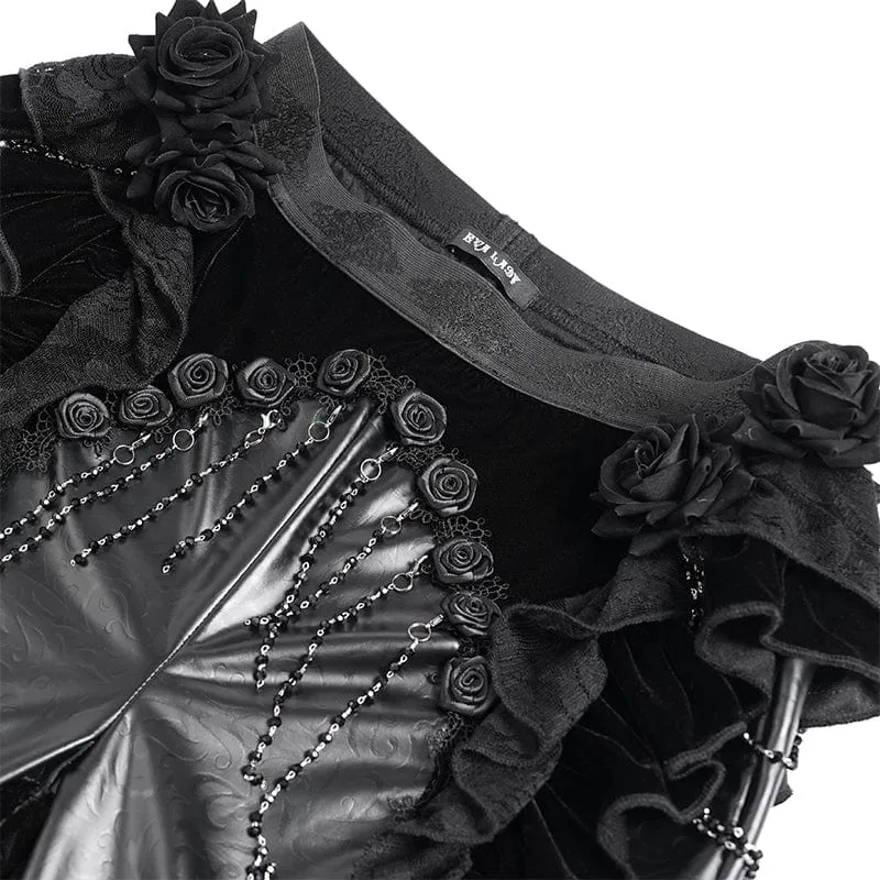 Gothic Floral Kunstleder & Samt Rüschenhose für Damen Schwarz