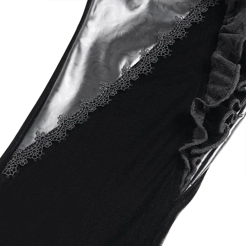 Gothic Floral Kunstleder & Samt Rüschenhose für Damen Schwarz