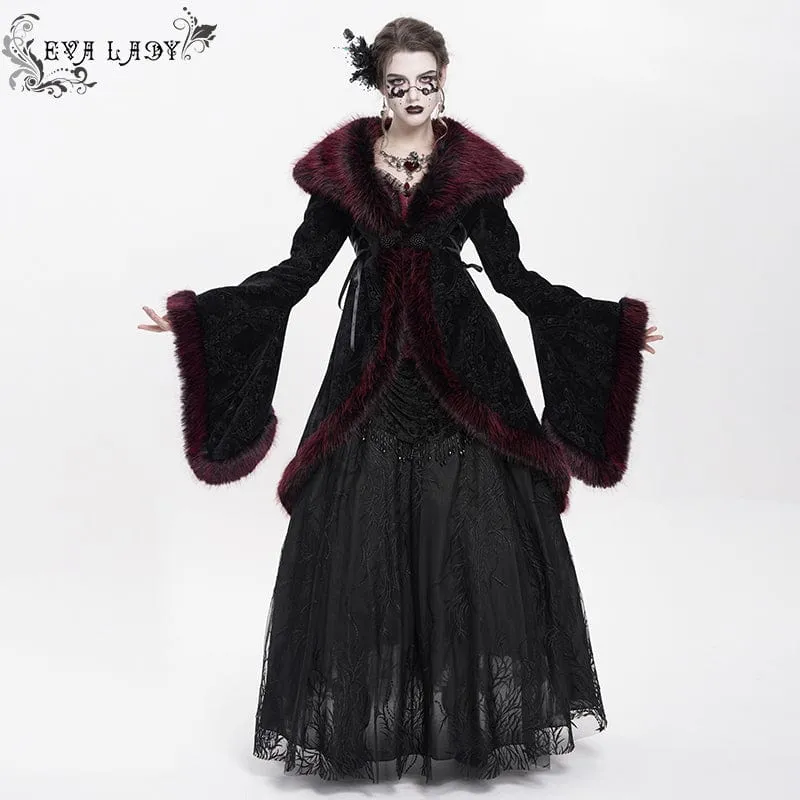 Flauschiger Gothic-Mantel mit Blumenstickerei für Damen, Rot