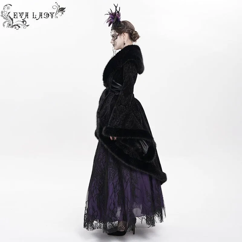 Gothic-Flauschmantel mit Blumenstickerei für Damen, Schwarz