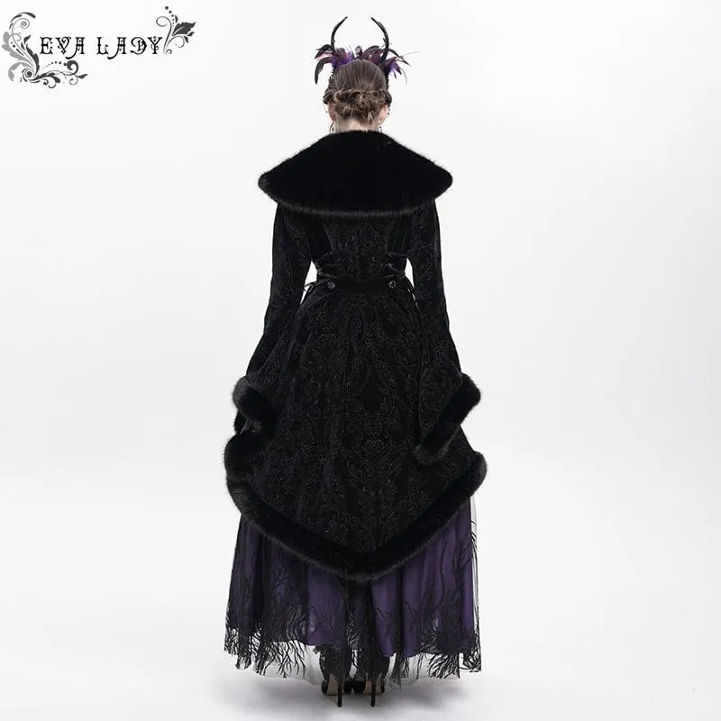 Gothic-Flauschmantel mit Blumenstickerei für Damen, Schwarz