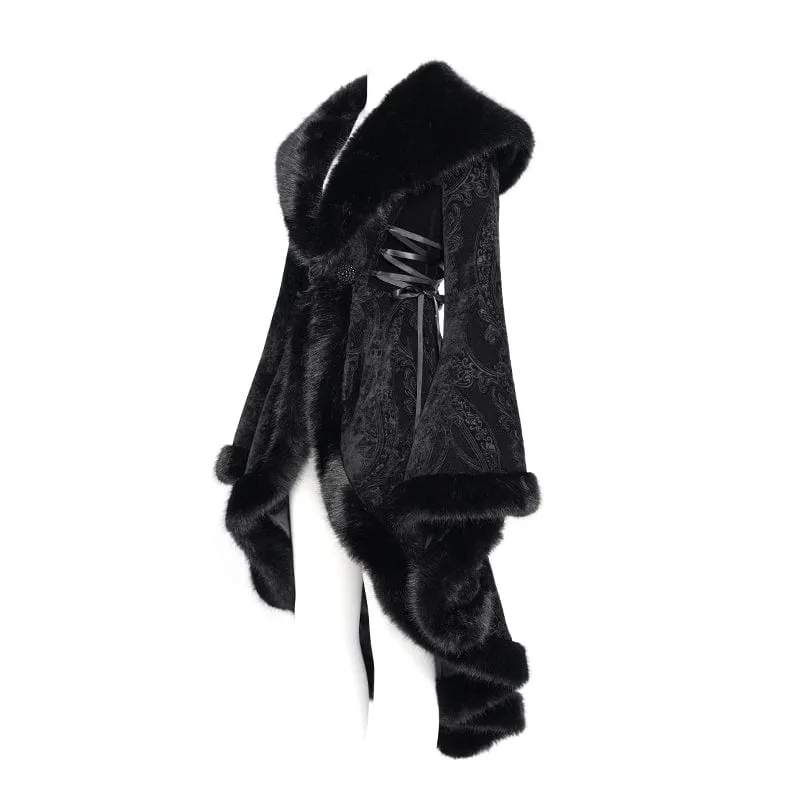 Gothic-Flauschmantel mit Blumenstickerei für Damen, Schwarz