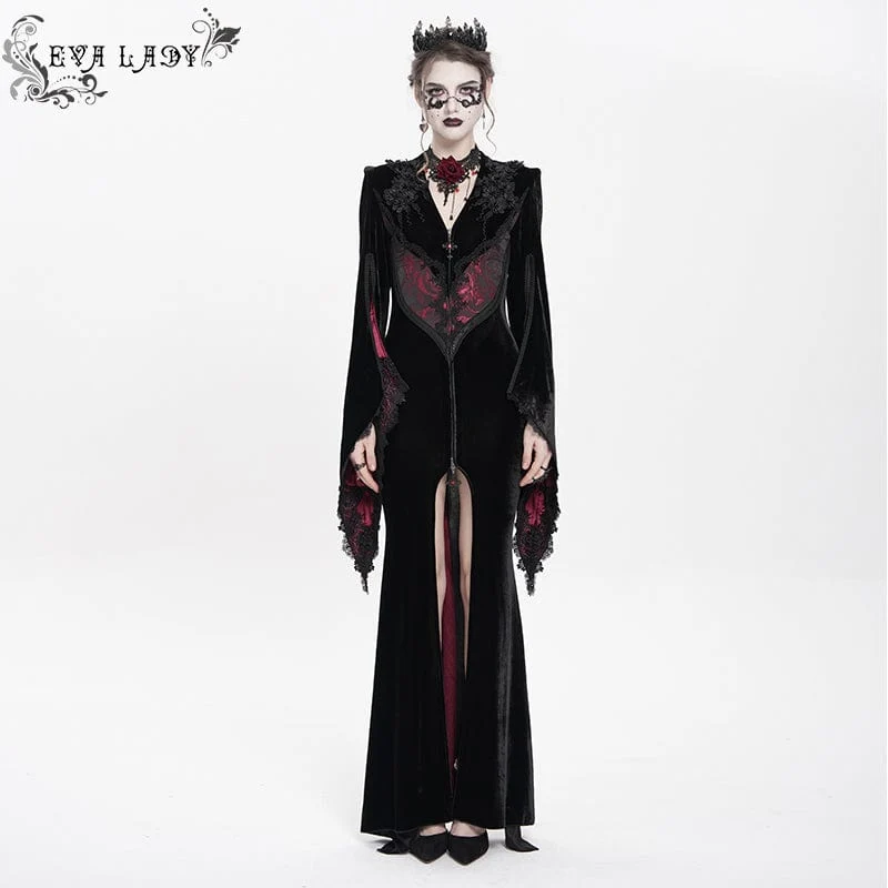 Langes, gotisches Samtkleid mit Blumenstickerei für Damen, rot
