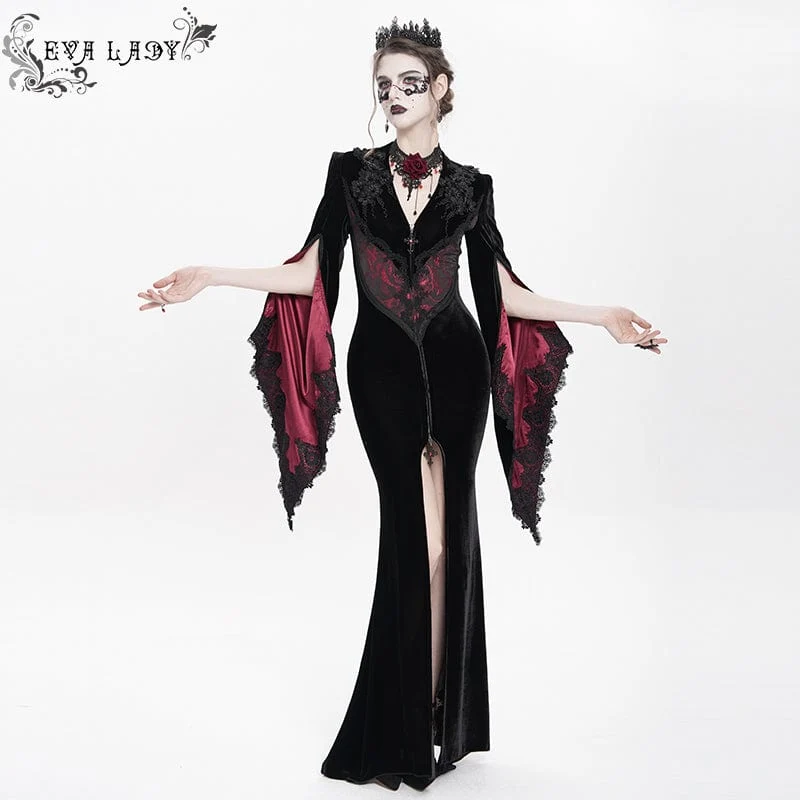 Langes, gotisches Samtkleid mit Blumenstickerei für Damen, rot