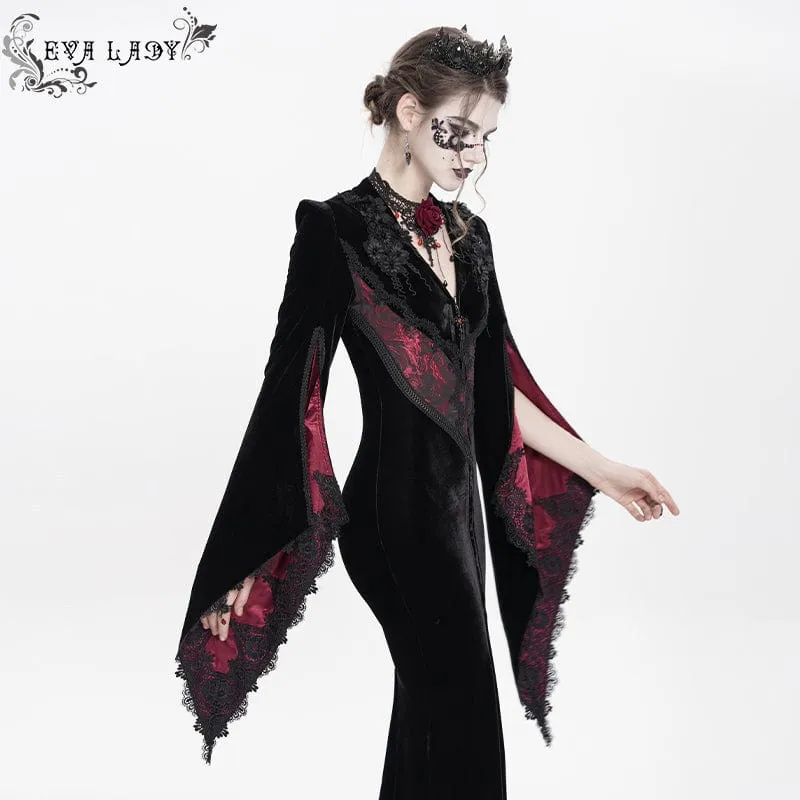 Langes, gotisches Samtkleid mit Blumenstickerei für Damen, rot