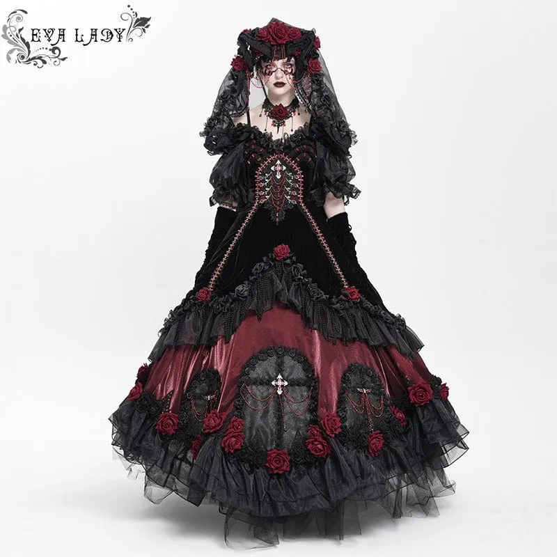 Maßgeschneidertes gotisches Brautkleid mit Rosen-Schleife, Perlenbesatz und schulterfreiem Design, schwarz, mit Schleier