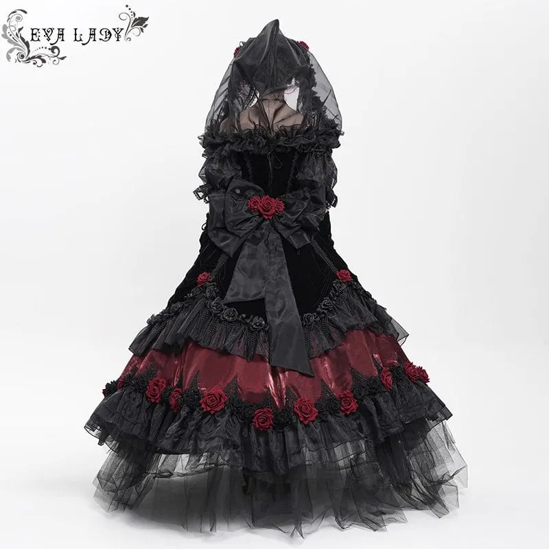 Maßgeschneidertes gotisches Brautkleid mit Rosen-Schleife, Perlenbesatz und schulterfreiem Design, schwarz, mit Schleier