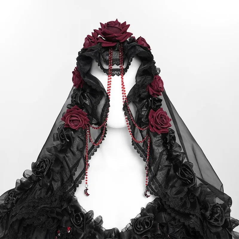 Maßgeschneidertes gotisches Brautkleid mit Rosen-Schleife, Perlenbesatz und schulterfreiem Design, schwarz, mit Schleier