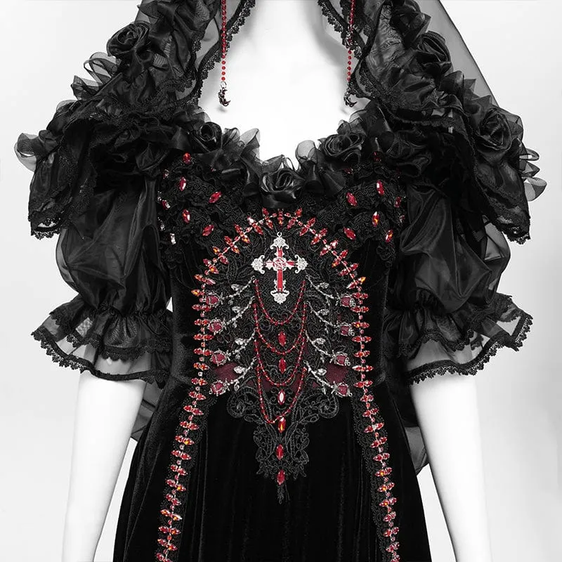Maßgeschneidertes gotisches Brautkleid mit Rosen-Schleife, Perlenbesatz und schulterfreiem Design, schwarz, mit Schleier