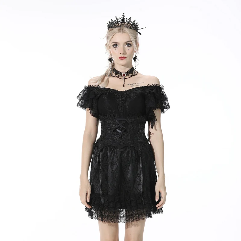DIL Gothic-Korsett für Damen mit Riemchen und Blumenstickerei, schwarz