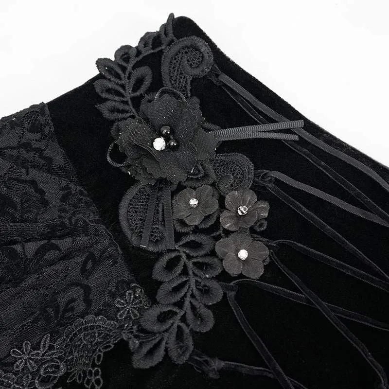 Gothic-langer schwarzer Rock mit Blumenstickerei für Damen