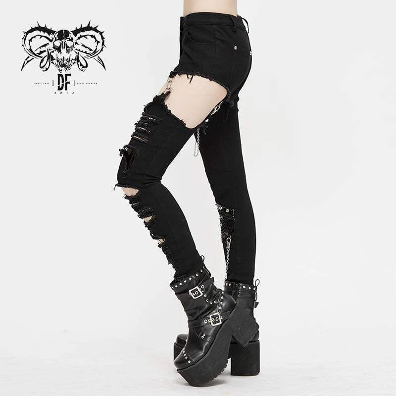 Frauen Grunge Cutout Ripped Pants mit Nieten und Ketten