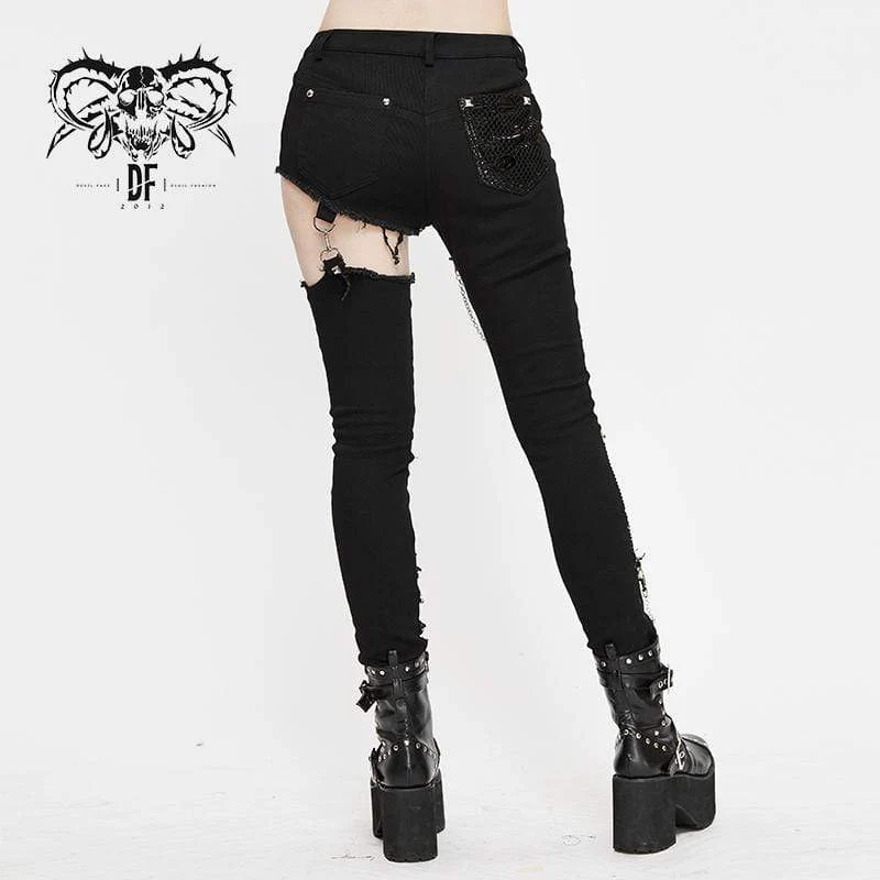 Frauen Grunge Cutout Ripped Pants mit Nieten und Ketten