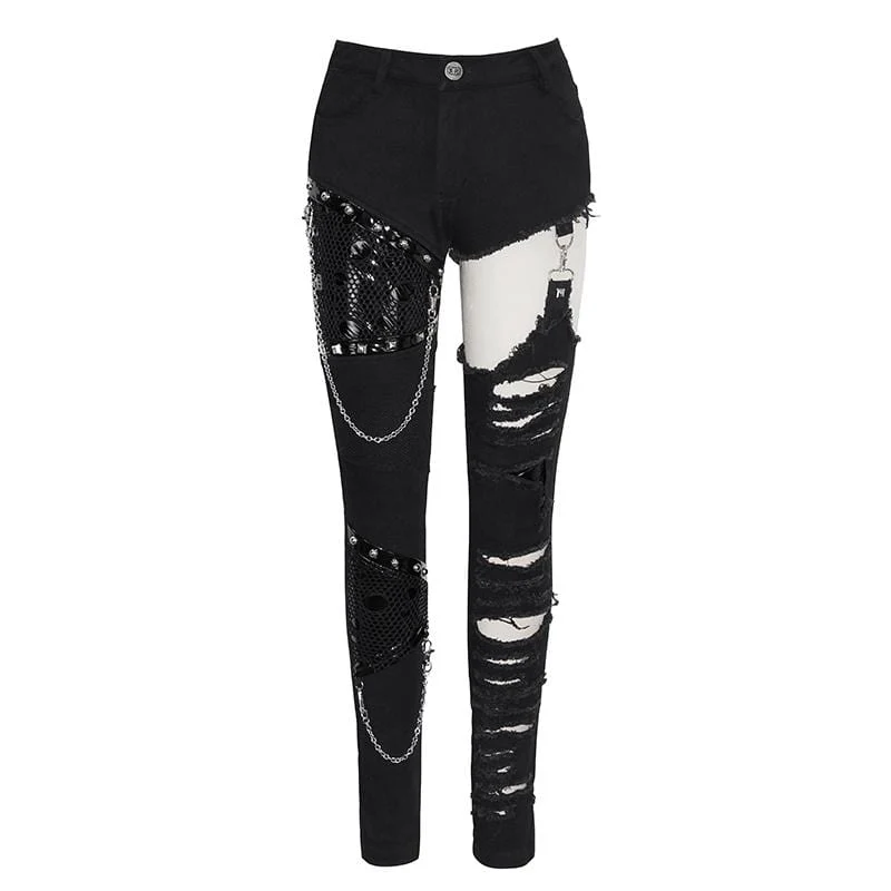 Frauen Grunge Cutout Ripped Pants mit Nieten und Ketten