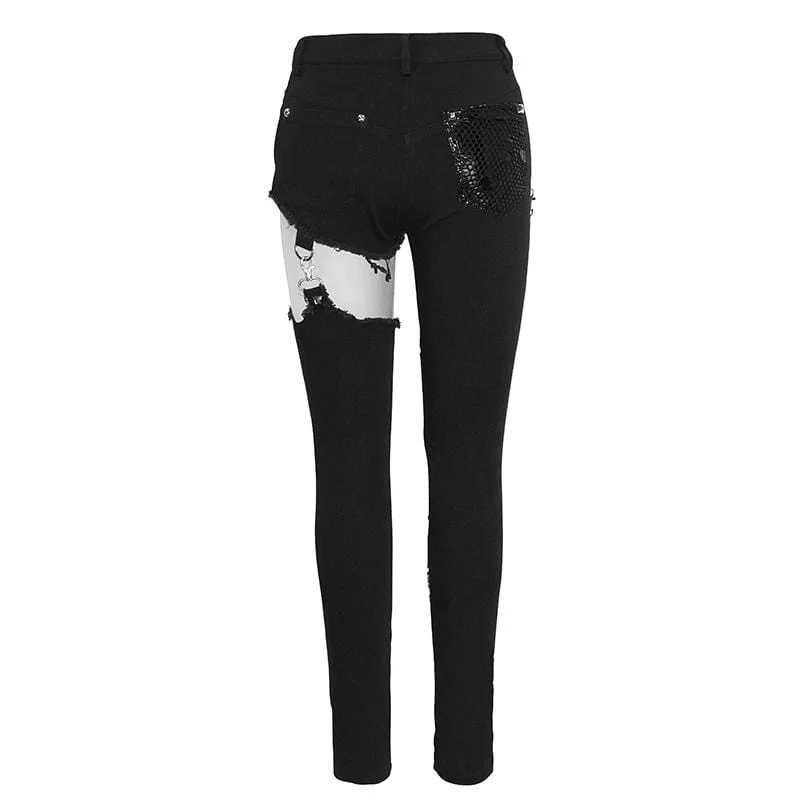 Frauen Grunge Cutout Ripped Pants mit Nieten und Ketten