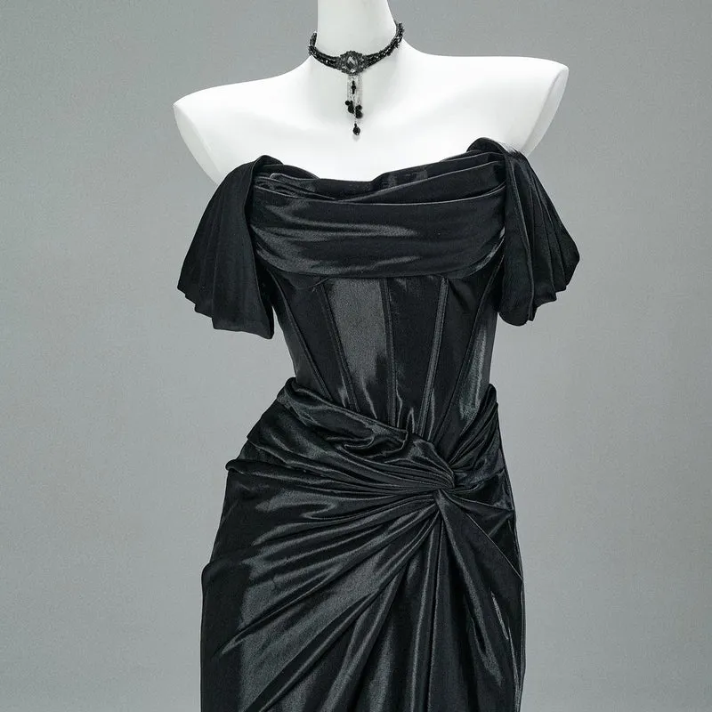 Damen Custom Gothic Off Shoulder Rüschen Satin Meerjungfrau Ballkleid Brautkleid