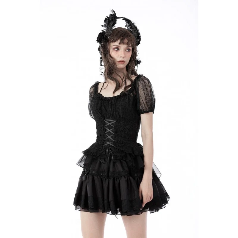 Gothic-Spitzentop mit Schwalbenschwanz und Puffärmeln für Damen