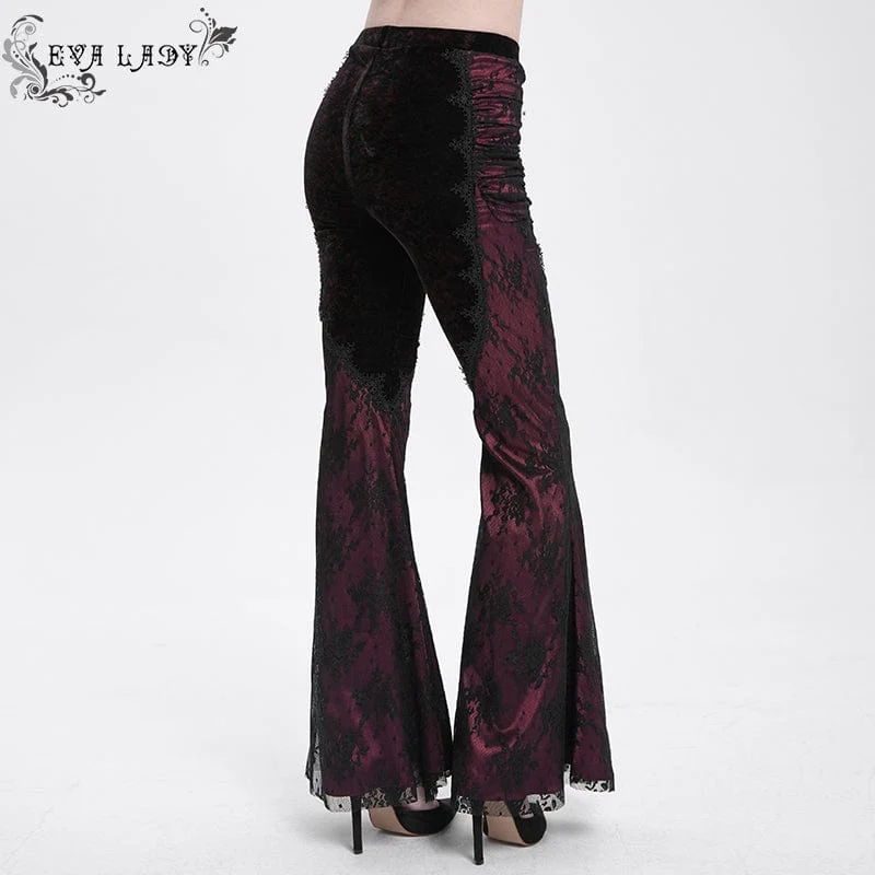 Damen Gothic Blumen bestickte Samt Splice Spitze Schlaghose Leggings Rot