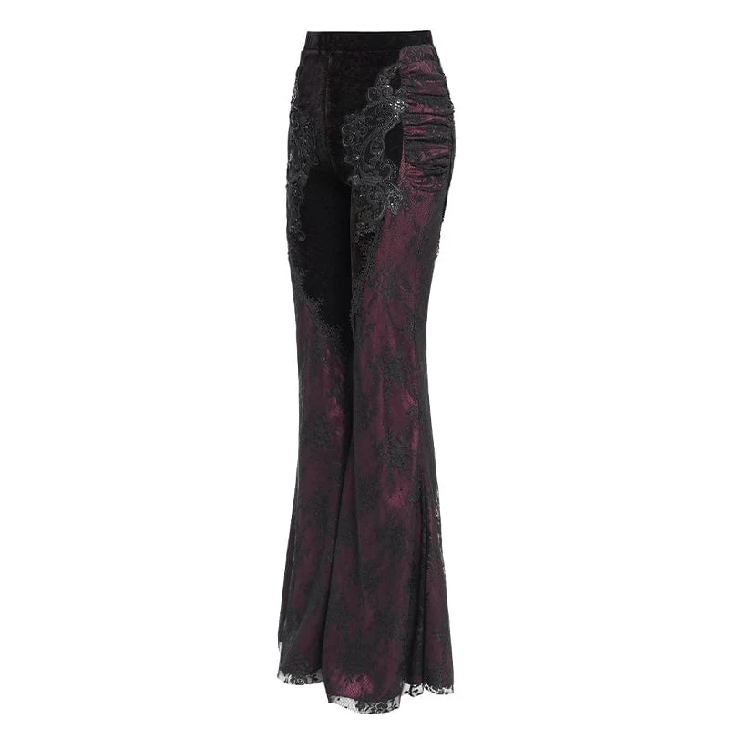 Damen Gothic Blumen bestickte Samt Splice Spitze Schlaghose Leggings Rot