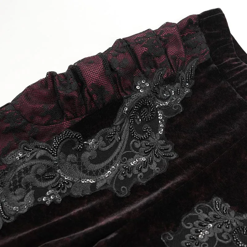 Damen Gothic Blumen bestickte Samt Splice Spitze Schlaghose Leggings Rot