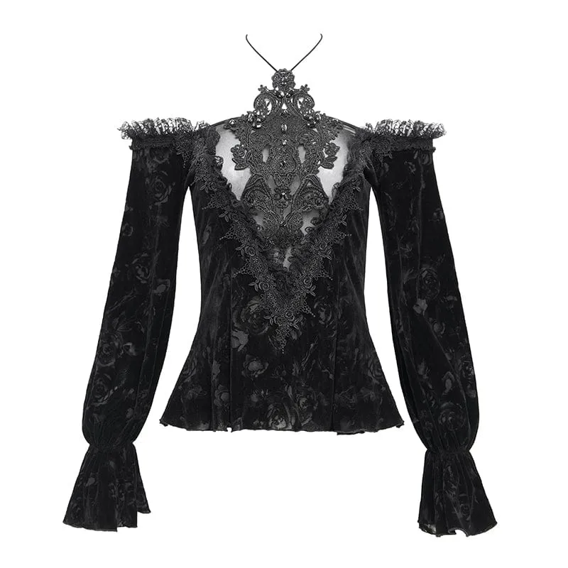 Gothic Off-Shoulder Flocking Samt Shirt für Damen