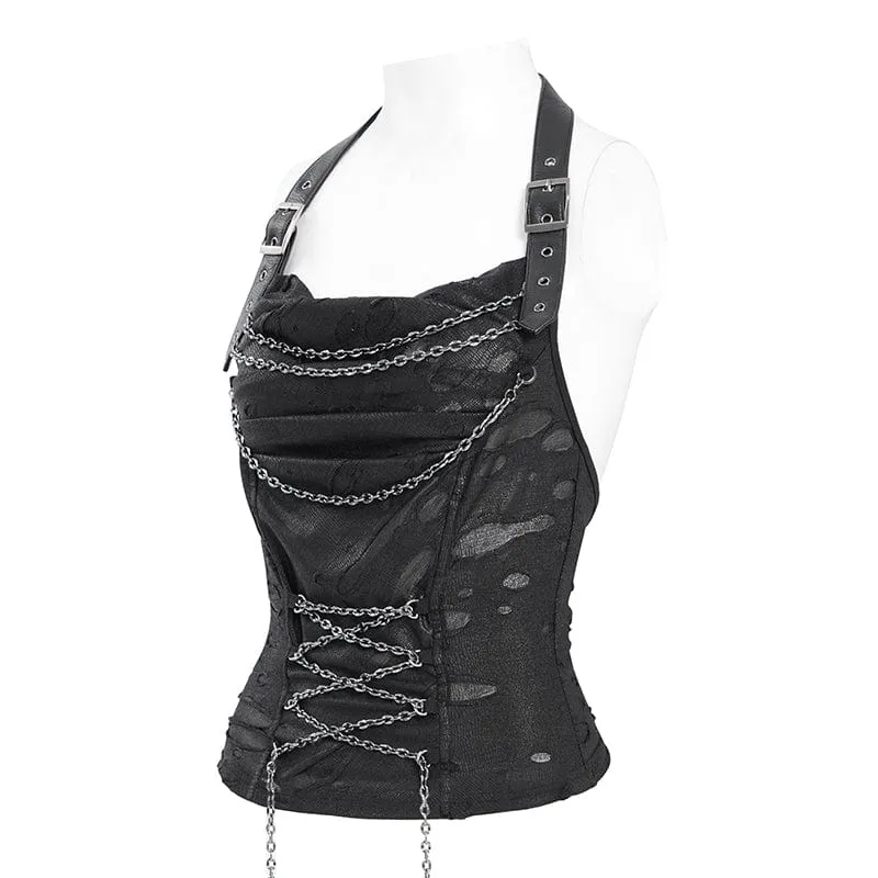 Punk-Tanktop mit Wasserfallausschnitt und zerrissener Kette für Damen