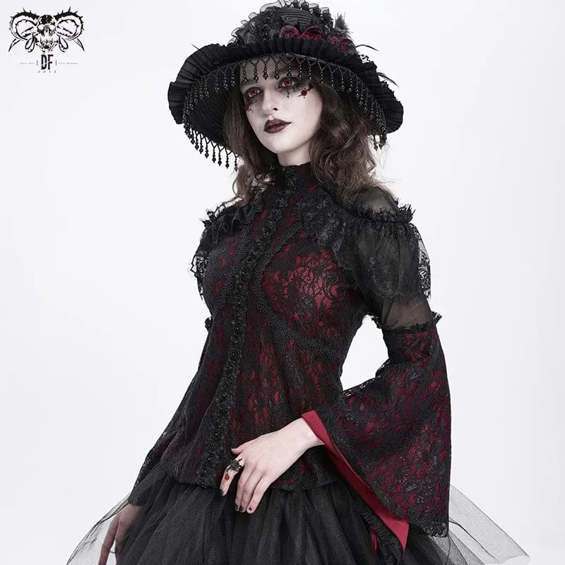 Gothic-Hemd mit ausgestellten Ärmeln, Perlenspitze und Spleiß für Damen in Rot