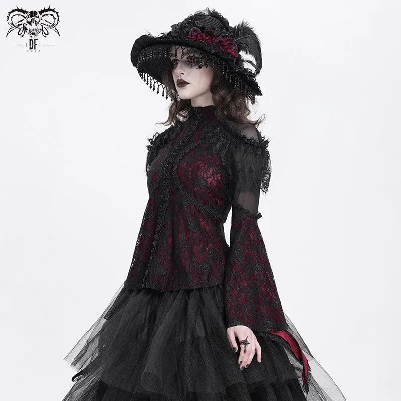 Gothic-Hemd mit ausgestellten Ärmeln, Perlenspitze und Spleiß für Damen in Rot