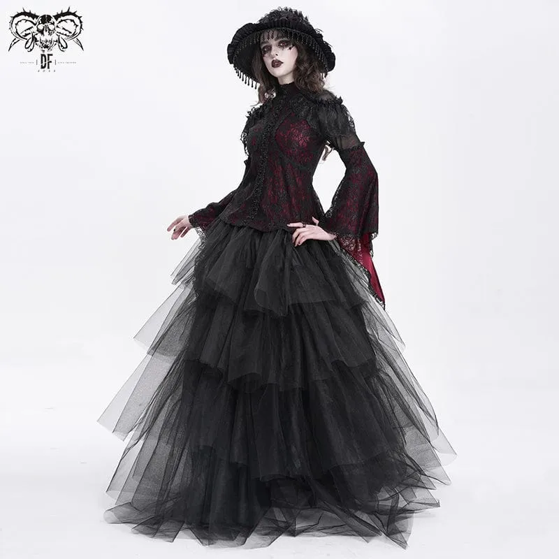 Gothic-Hemd mit ausgestellten Ärmeln, Perlenspitze und Spleiß für Damen in Rot