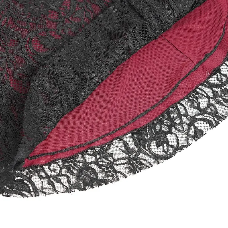 Gothic-Hemd mit ausgestellten Ärmeln, Perlenspitze und Spleiß für Damen in Rot