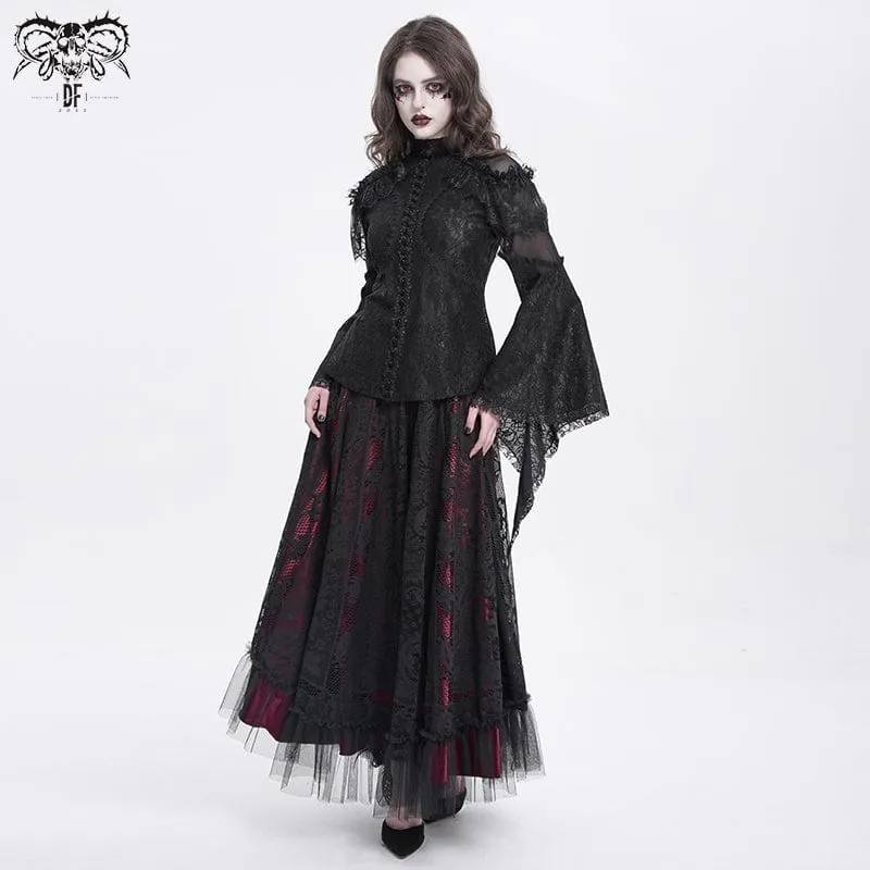 Gothic-Hemd mit ausgestellten Ärmeln, Perlenspitze und Spleiß für Damen in Schwarz