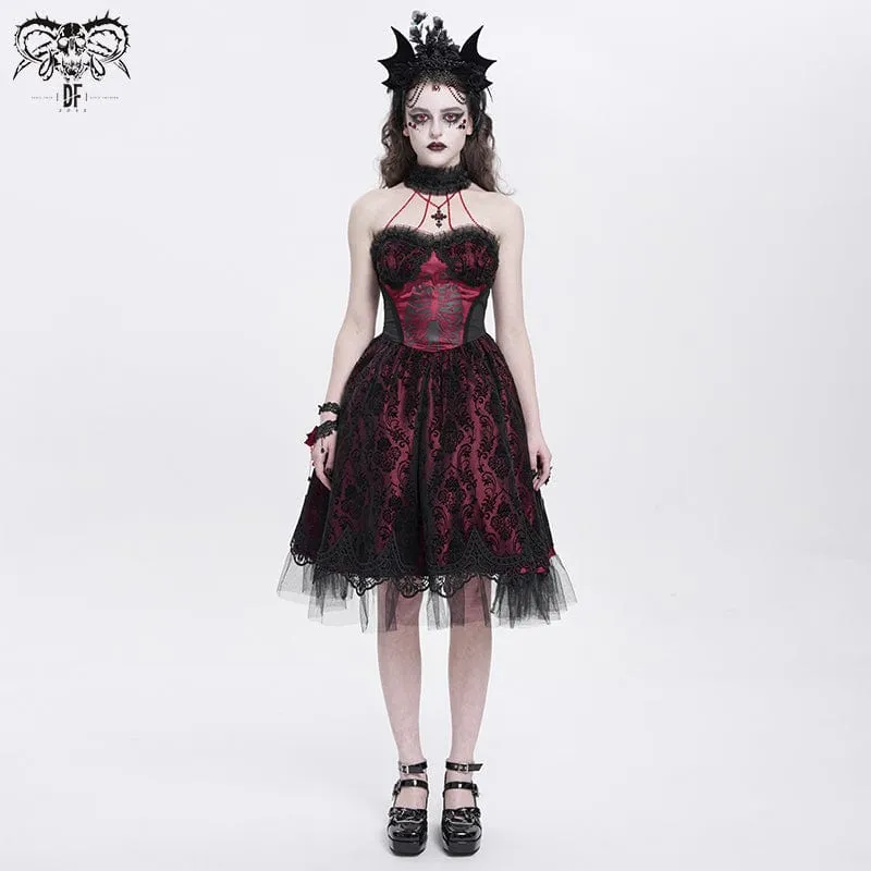 Gothic-Kleid für Damen mit Skelett-Print, Spitzeneinsatz, Neckholder, Hexen-Stil, rotes Abschlusskleid