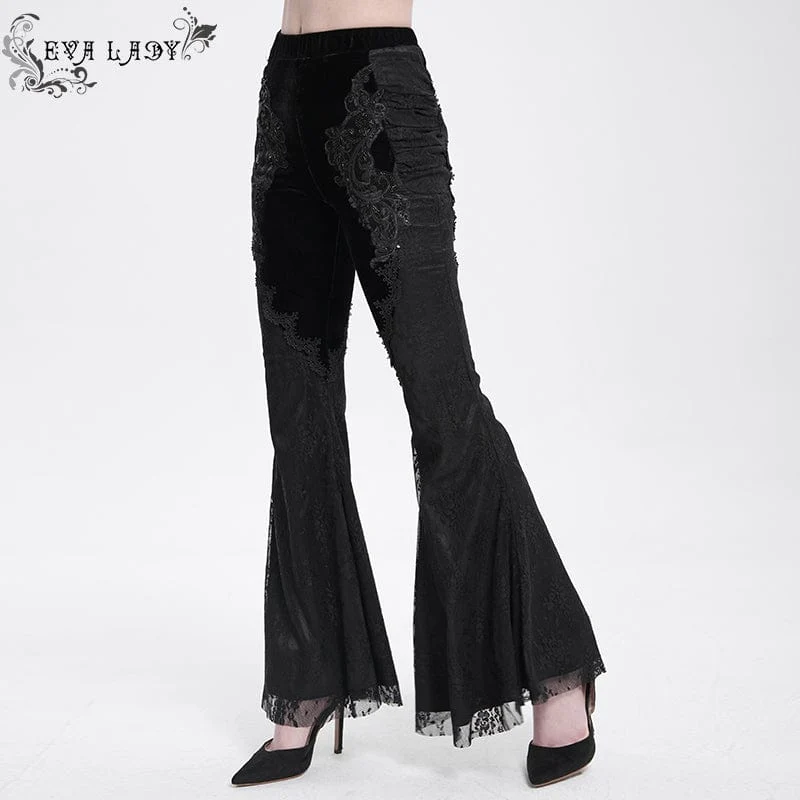 Damen Gothic Blumen bestickte Samt Splice Lace Schlaghose Schwarz
