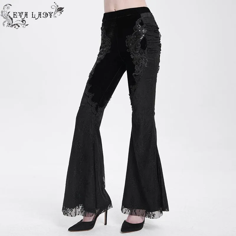 Damen Gothic Blumen bestickte Samt Splice Lace Schlaghose Schwarz