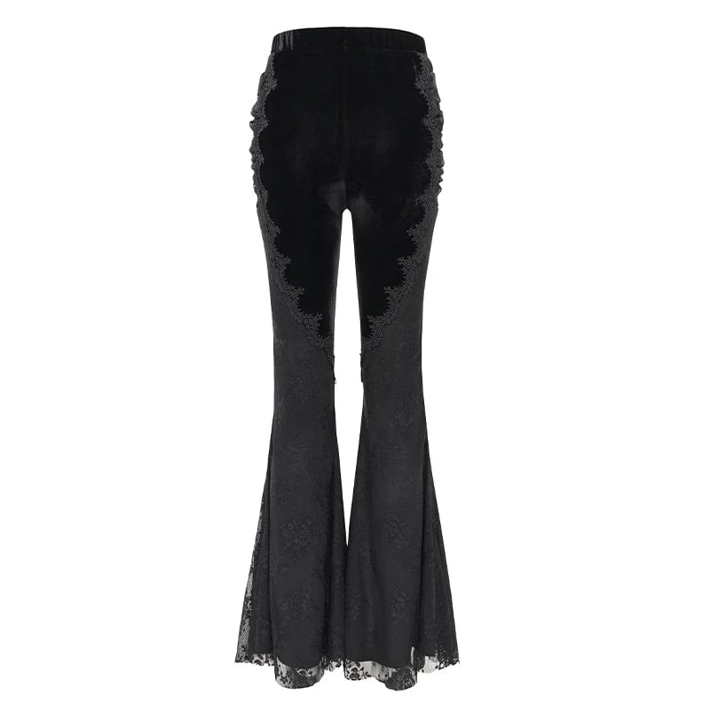 Damen Gothic Blumen bestickte Samt Splice Lace Schlaghose Schwarz