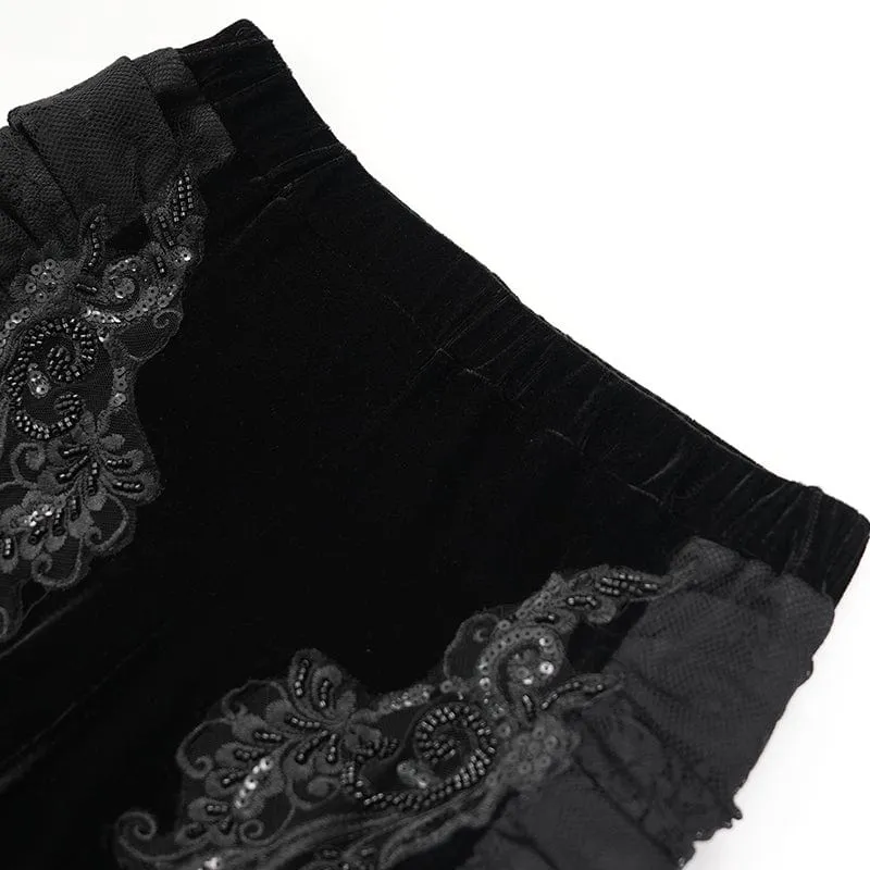 Damen Gothic Blumen bestickte Samt Splice Lace Schlaghose Schwarz