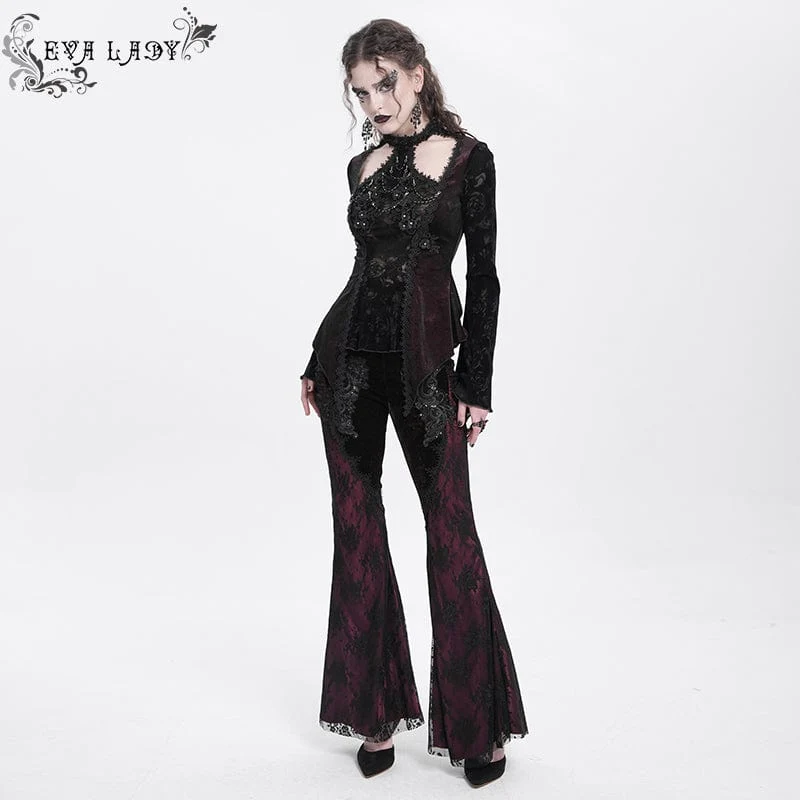 Gothic-Samtbluse mit Cut-outs und ausgestellten Ärmeln für Damen in Rot