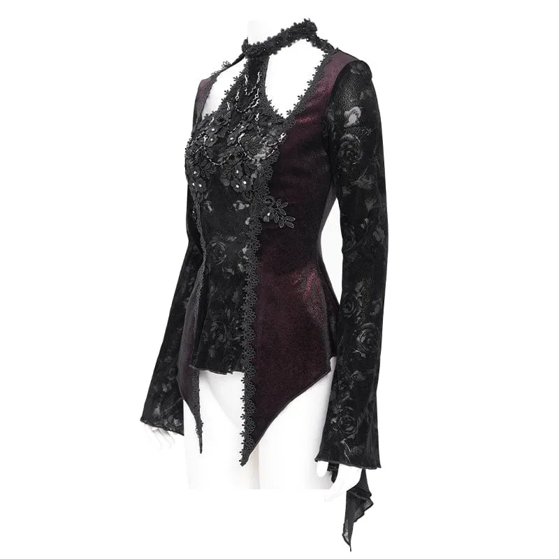 Gothic-Samtbluse mit Cut-outs und ausgestellten Ärmeln für Damen in Rot