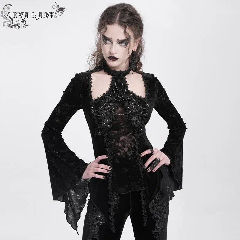 Gothic-Samtbluse mit Cut-outs und ausgestellten Ärmeln für Damen in Schwarz