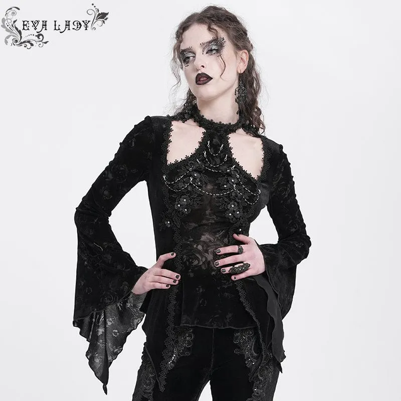 Gothic-Samtbluse mit Cut-outs und ausgestellten Ärmeln für Damen in Schwarz