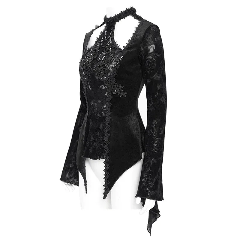 Gothic-Samtbluse mit Cut-outs und ausgestellten Ärmeln für Damen in Schwarz