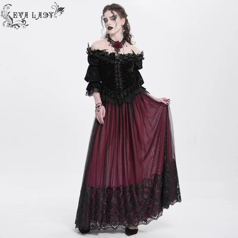 Gothic Off-Shoulder Rüschen Samt Shirt für Damen Rot