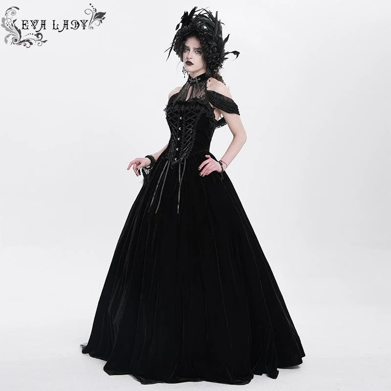 Gothic-Kleid aus Samt mit schulterfreiem Ausschnitt und Schnürung für Damen – Hochzeitskleid